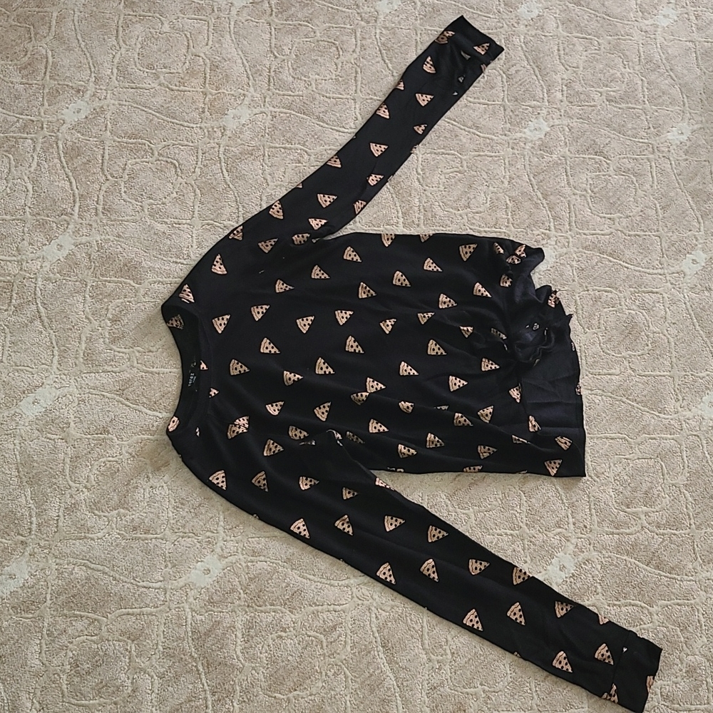 Terez black long sleeve shirt with gold pizza emjo